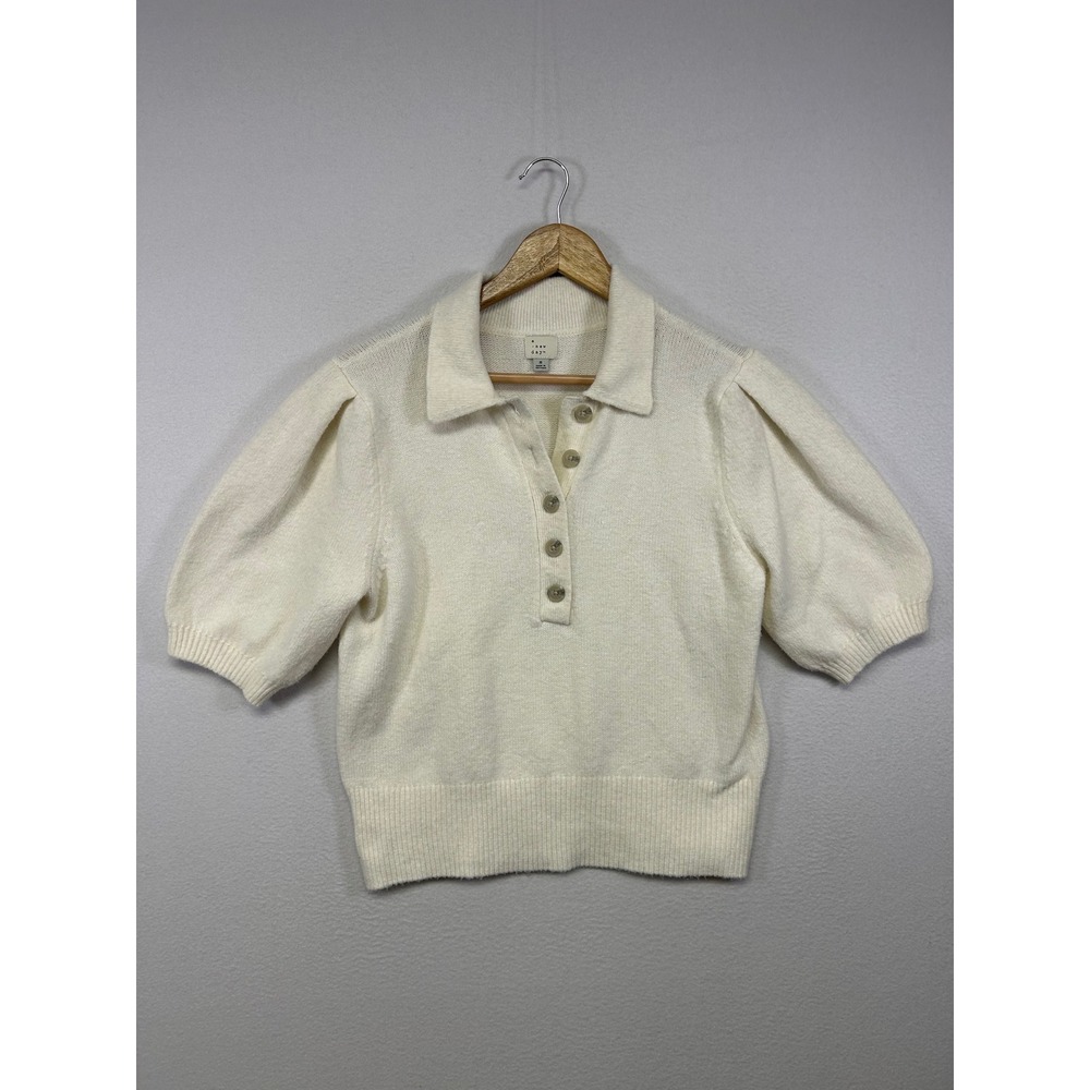 Coquette Preppy A New Day‎ Womens Small Cream Puff Sleeve Knit Polo Sweater